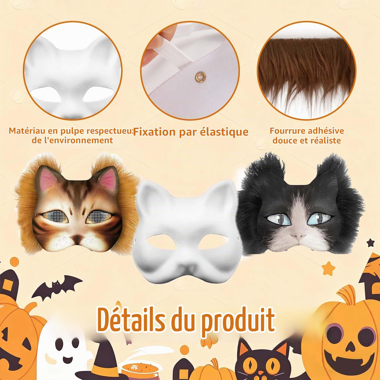 Masque Chat en Papier Blanc 6 Pièces Kit Complet DIY Peinture et Décoration avec Paillettes Fourrure Artificielle et Accessoires Créatifs Taille Universelle Pour Fête Anniversaire Carnaval