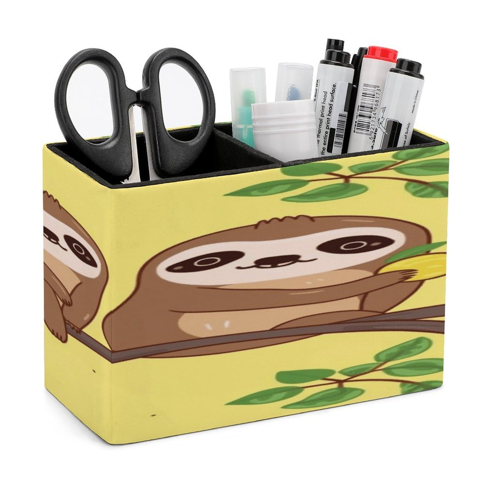 VstaDank Cute Sloths on Yellow Lemons Pencil Holder for Desk Organizer 2 Compartments Pen Cup Leather Square Pen Holder Pencil Cup Stand Makeup Brush Holders for Desktop Organizer Storage Case