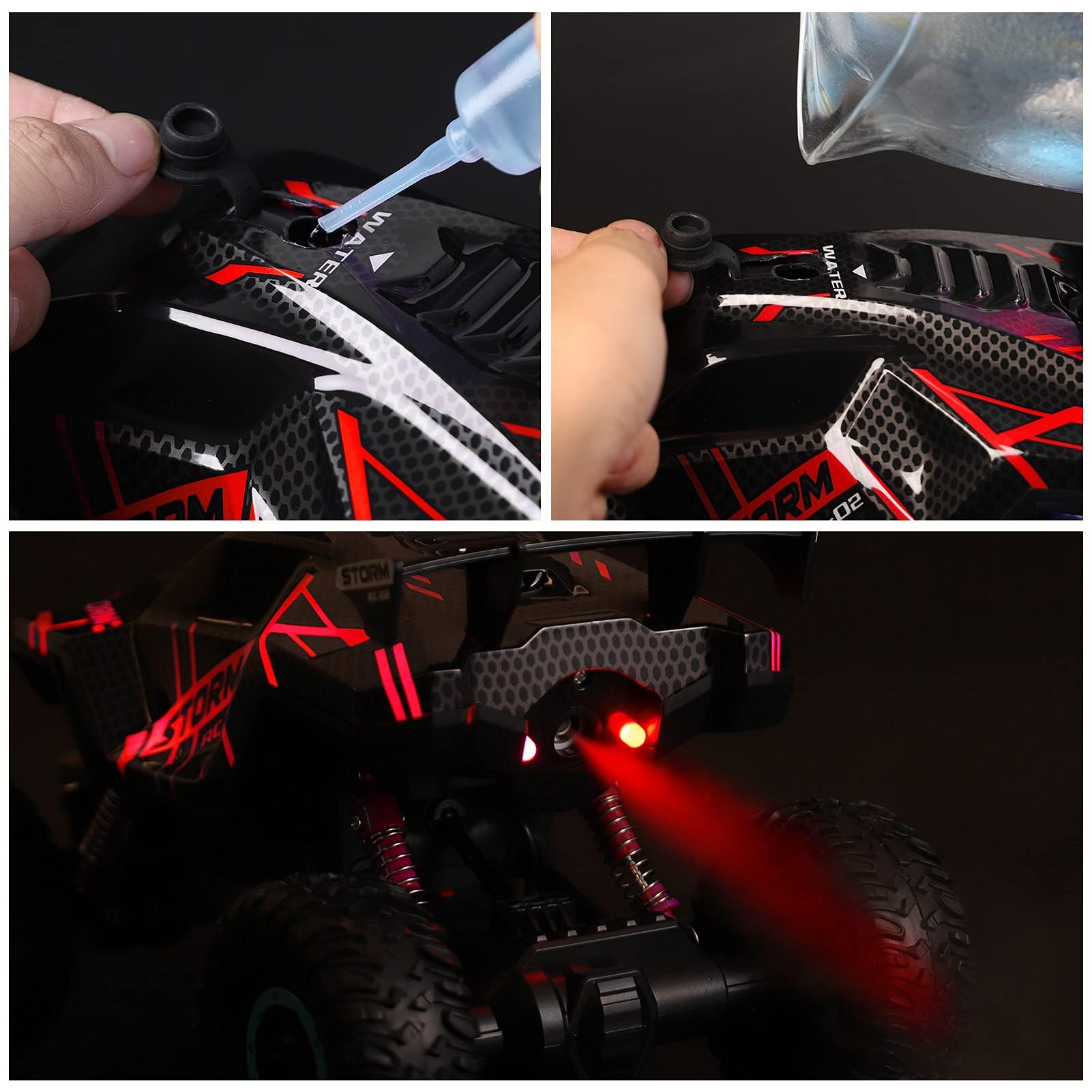 Herefun Zdalnie sterowany samochód RC 2,4 GHz 4WD LED z sprayem, ładowany, terenowy, dla dzieci od 5 lat