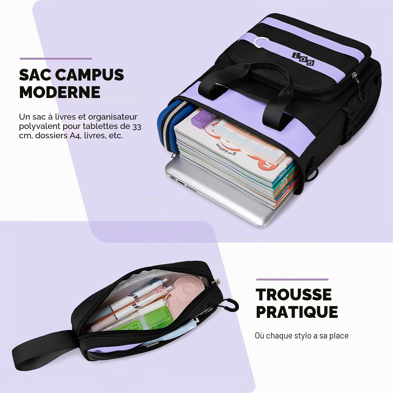 Amythe Sac à Dos Fille Collège, Ensemble de Cartable Léger, Violet
