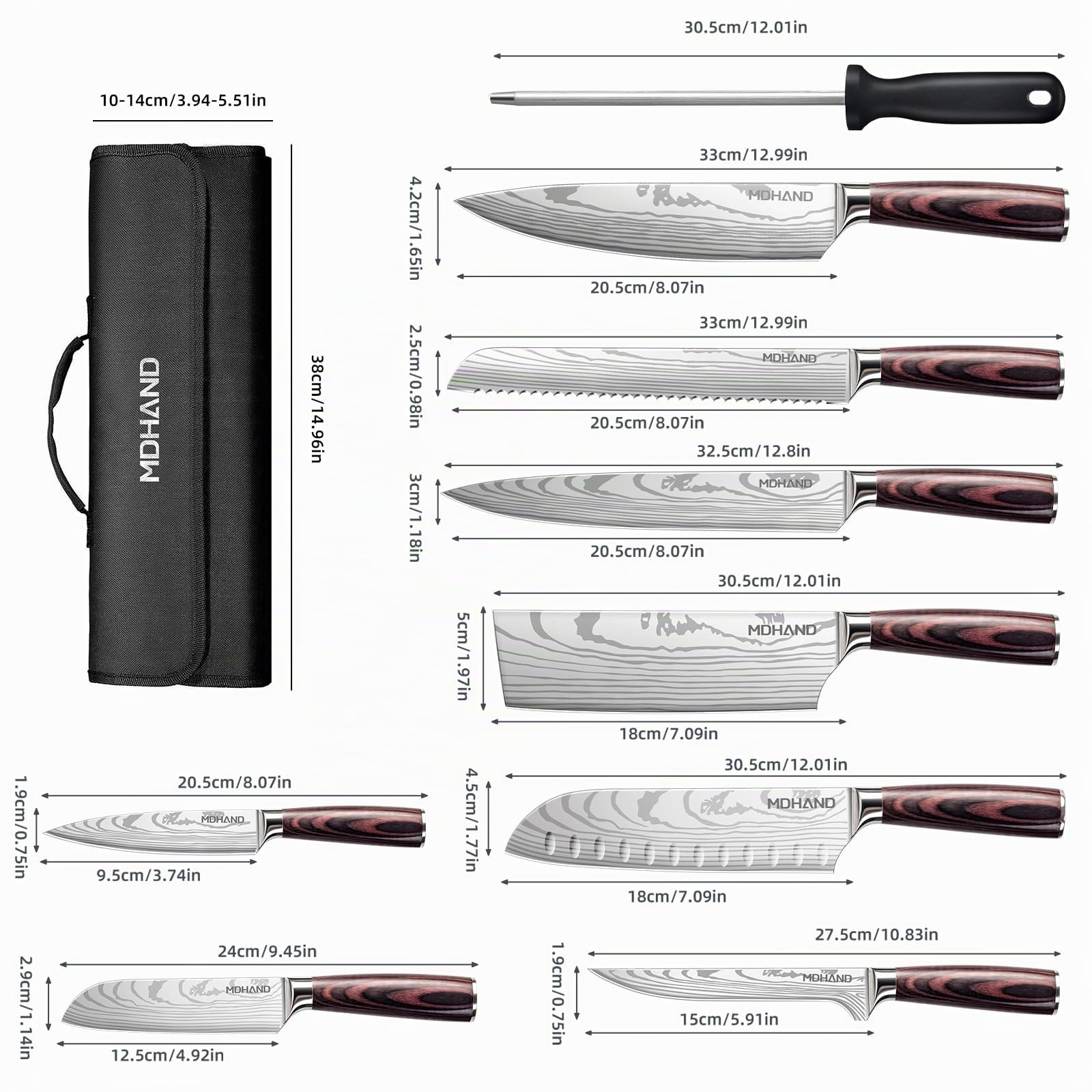 MDHAND Juego de Cuchillos de Cocina, Cuchillos Cocina Profesional de 8 piezas con Bolsa de Rollo,Juego de Cuchillos de Cocina profesionales de acero inoxidable de alto carbono extremadamente afilados