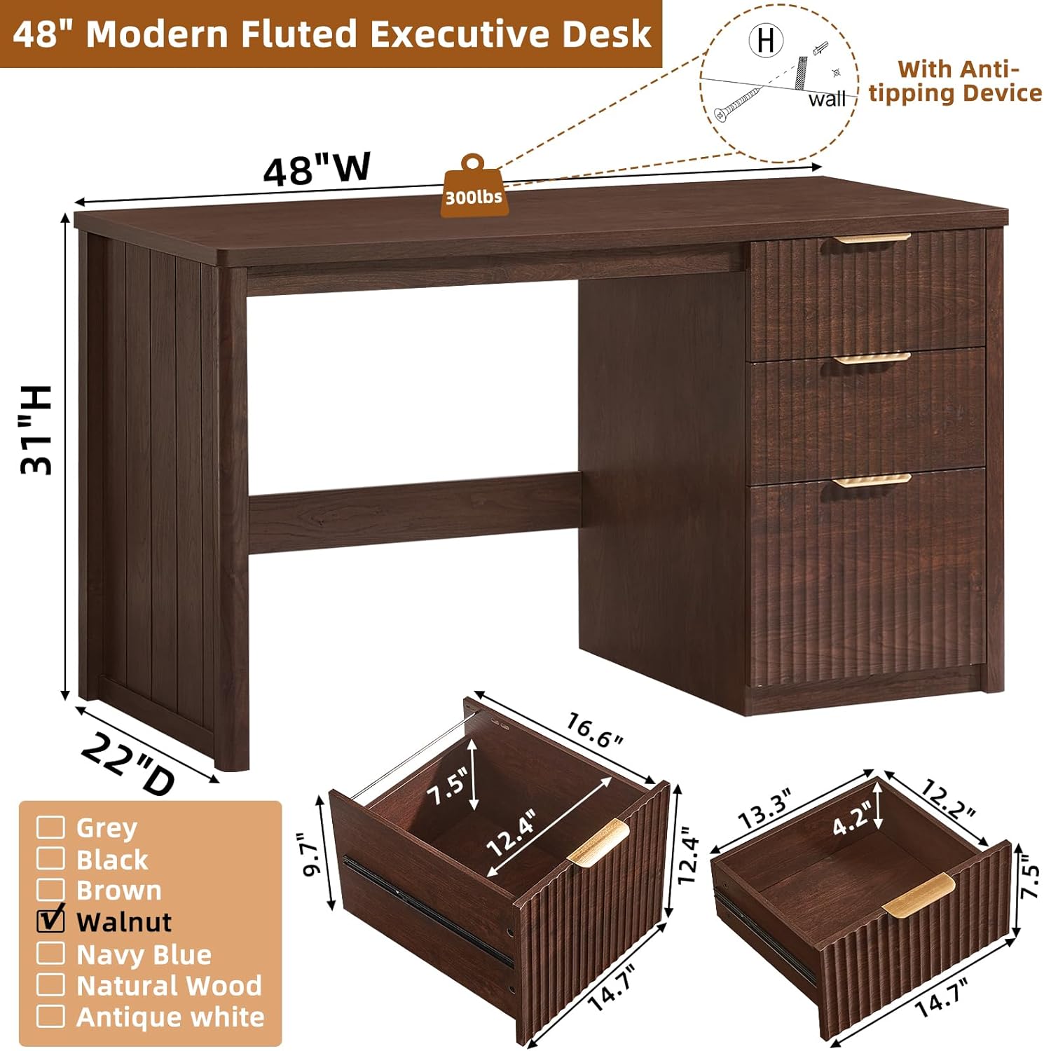LEYAOYAO Office Desk 48" with 3 Drawers Storage File Cabinet Wood Fluted Desk for Computer Office Bedroom Home Furniture Walnut
