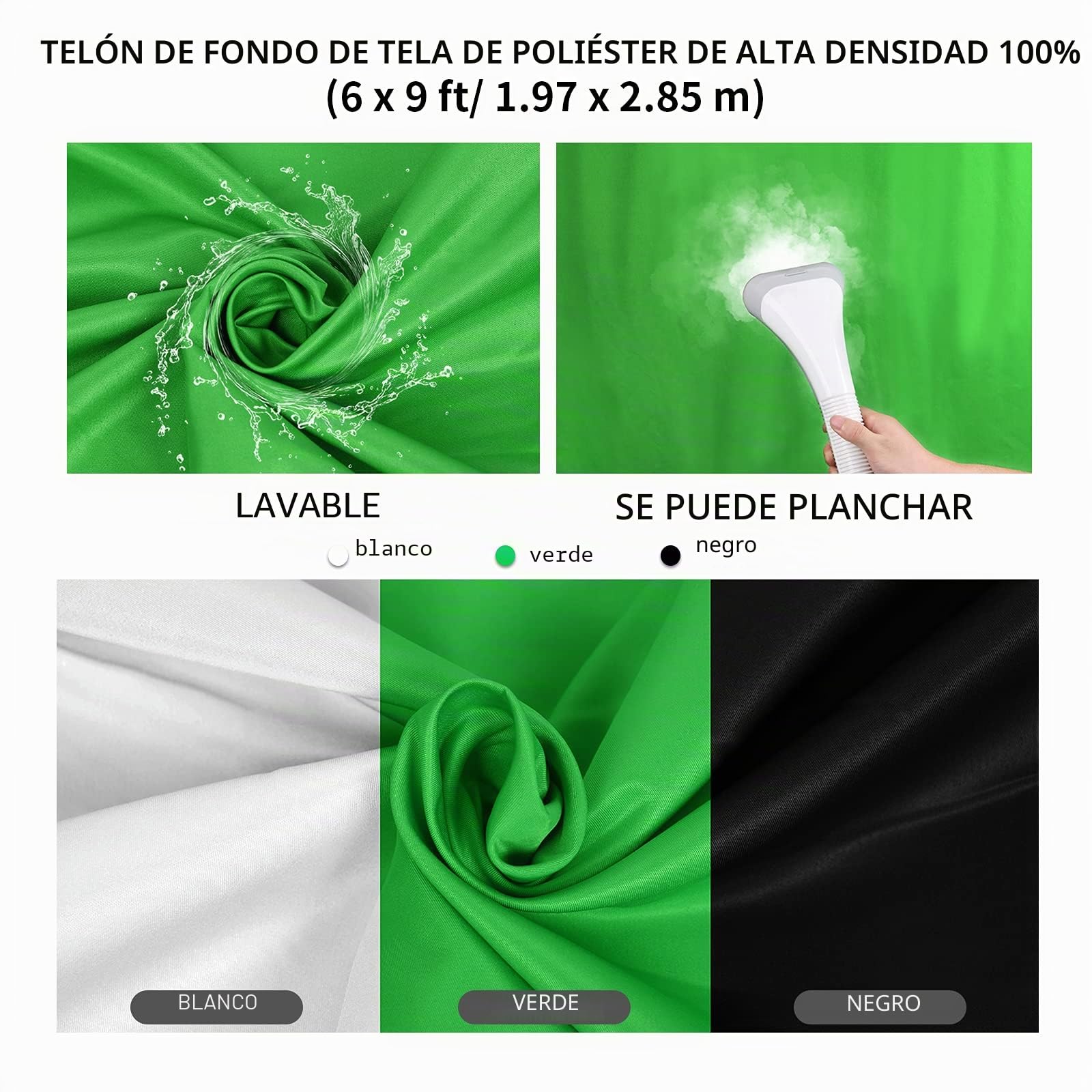 Kit de Soporte para Fondos 2,6 X 3 M Ajustable, Portafondos con 3 Telones de Fondo de Poliéster (Blanco, Negro, Verde) y 8 Pinzas para Estudio Fotográfico, Videos y Retratos