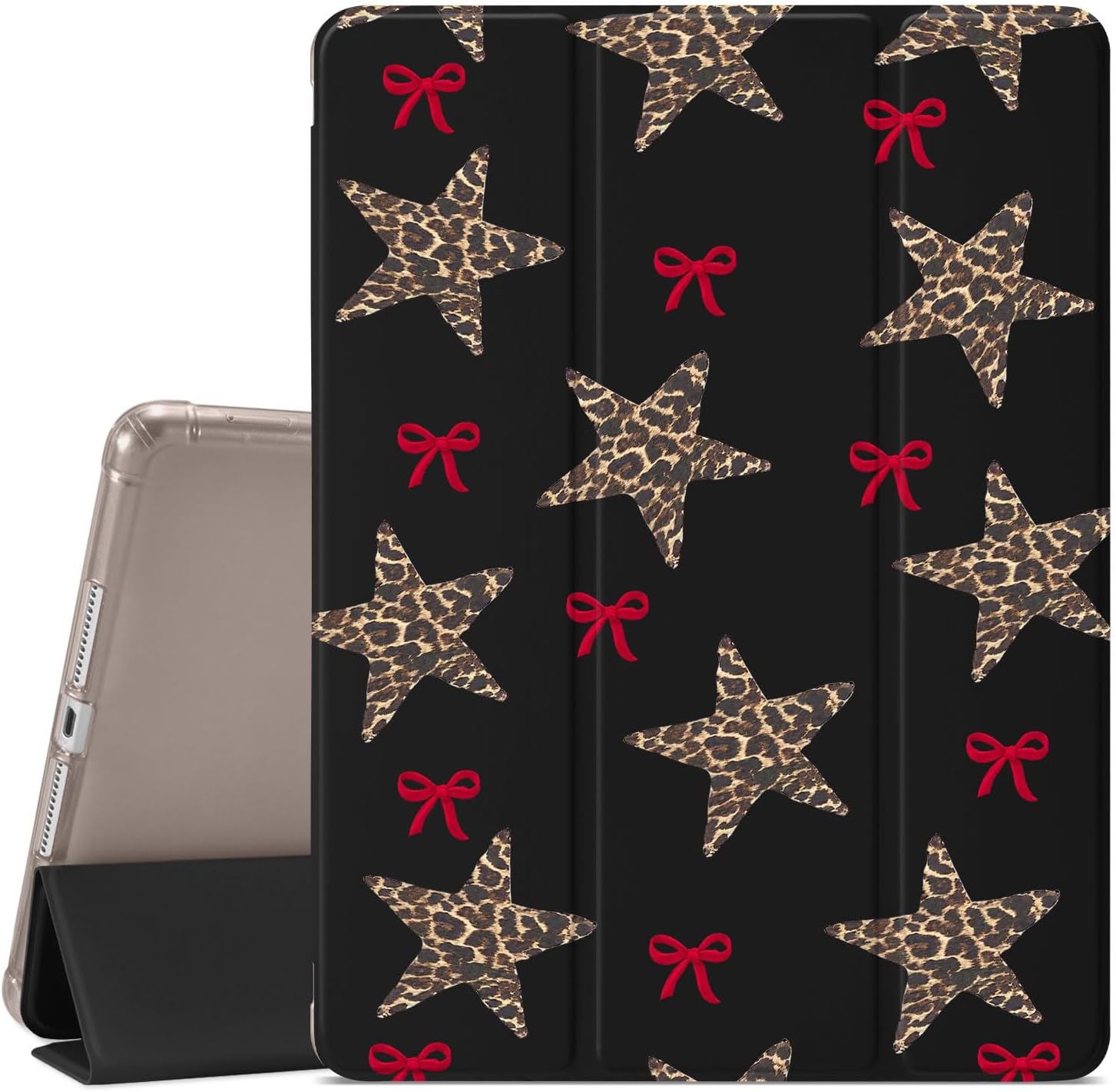Classic Retro Case for iPad 9th/8th/7th Generation 10.2" (2021/2020/2019 Release) Leopard Print Star Red Bow Case,Pencil Holder & Clear Soft TPU Back & Trifold Stand Cover for Women