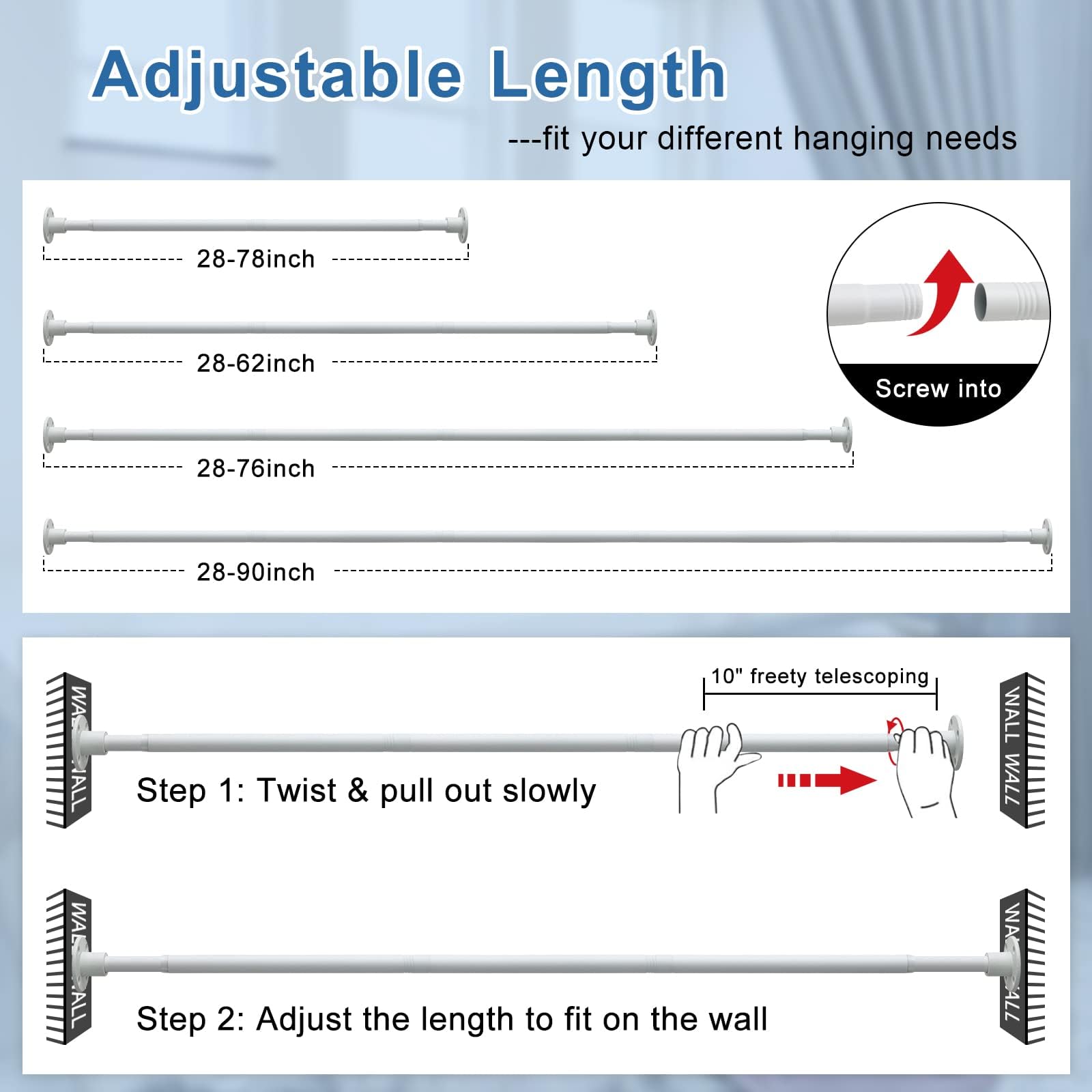 Bastone per tende 70-230 cm, Bastone per tende da doccia estraibile bianco opaco per bagno, finestra, guardaroba