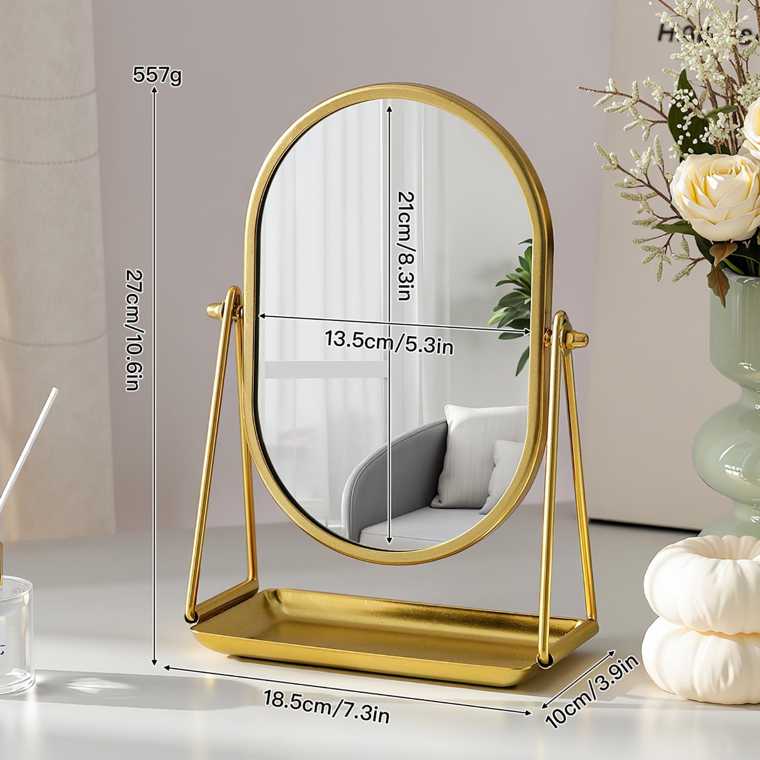 Table Mirror Gold Oval Desk Makeup Mirror with Storage 360°Adjustable Rotation Metal Framed Standing Mirrors Room Decor for Living Room, Bedroom, Office, Bathroom