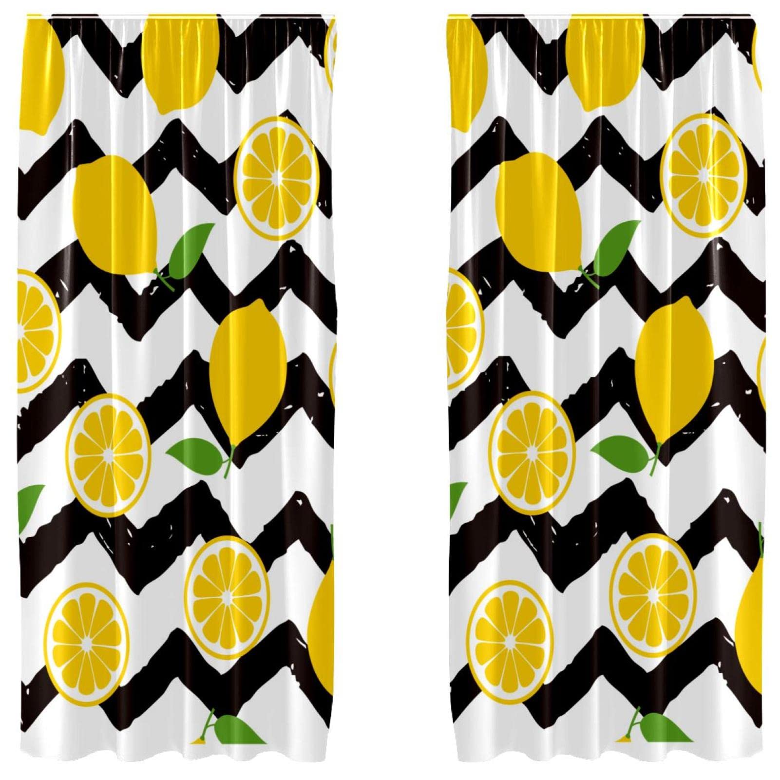 Cortinas de ventana en zigzag para estancias oscuras paneles hojas verdes amarillo limón 55x84