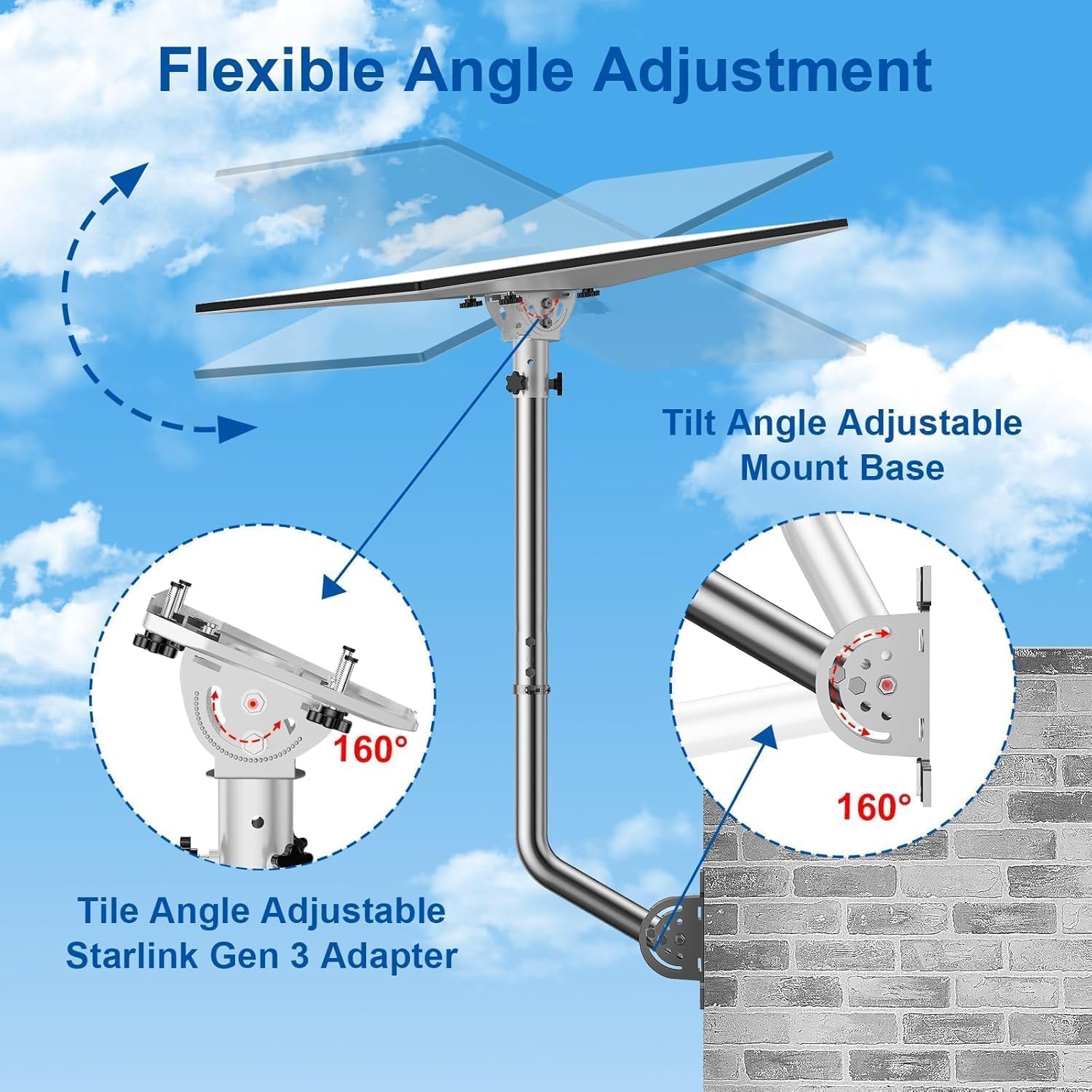 Adjustable Starlink Gen 3 Installation Bracket,Starlink Gen 3 Installation Kit,Starlink Long Wall Mount for Internet Kit Satellite,Starlink Roof Installation Bracket with Starlink Gen 3 Pipe Adapter
