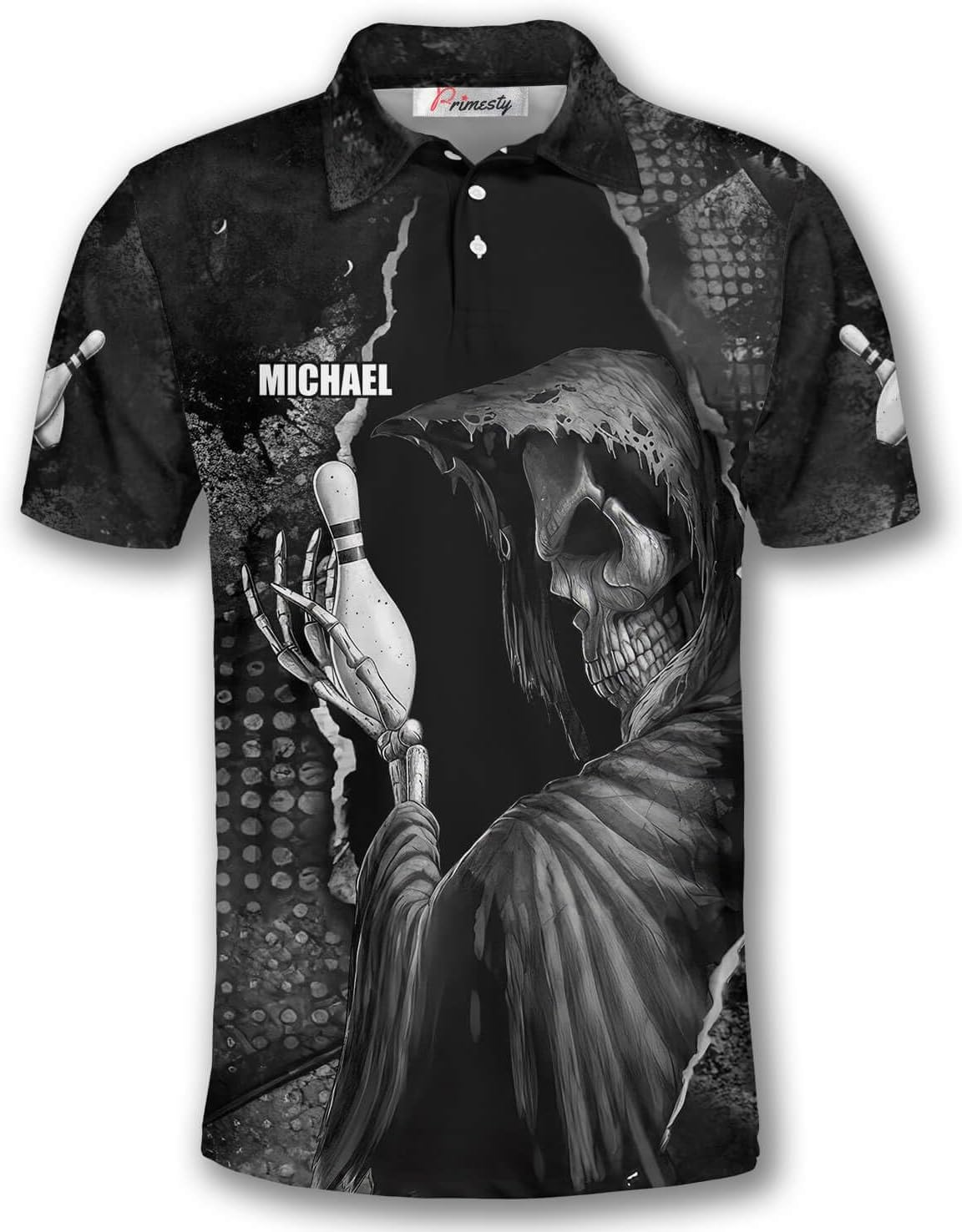 PRIMESTY Grim Reaper Bowling Shirts, Custom Skull Bowling Polo Shirts, Personalized Reaper Bowling Jerseys for Men Women
