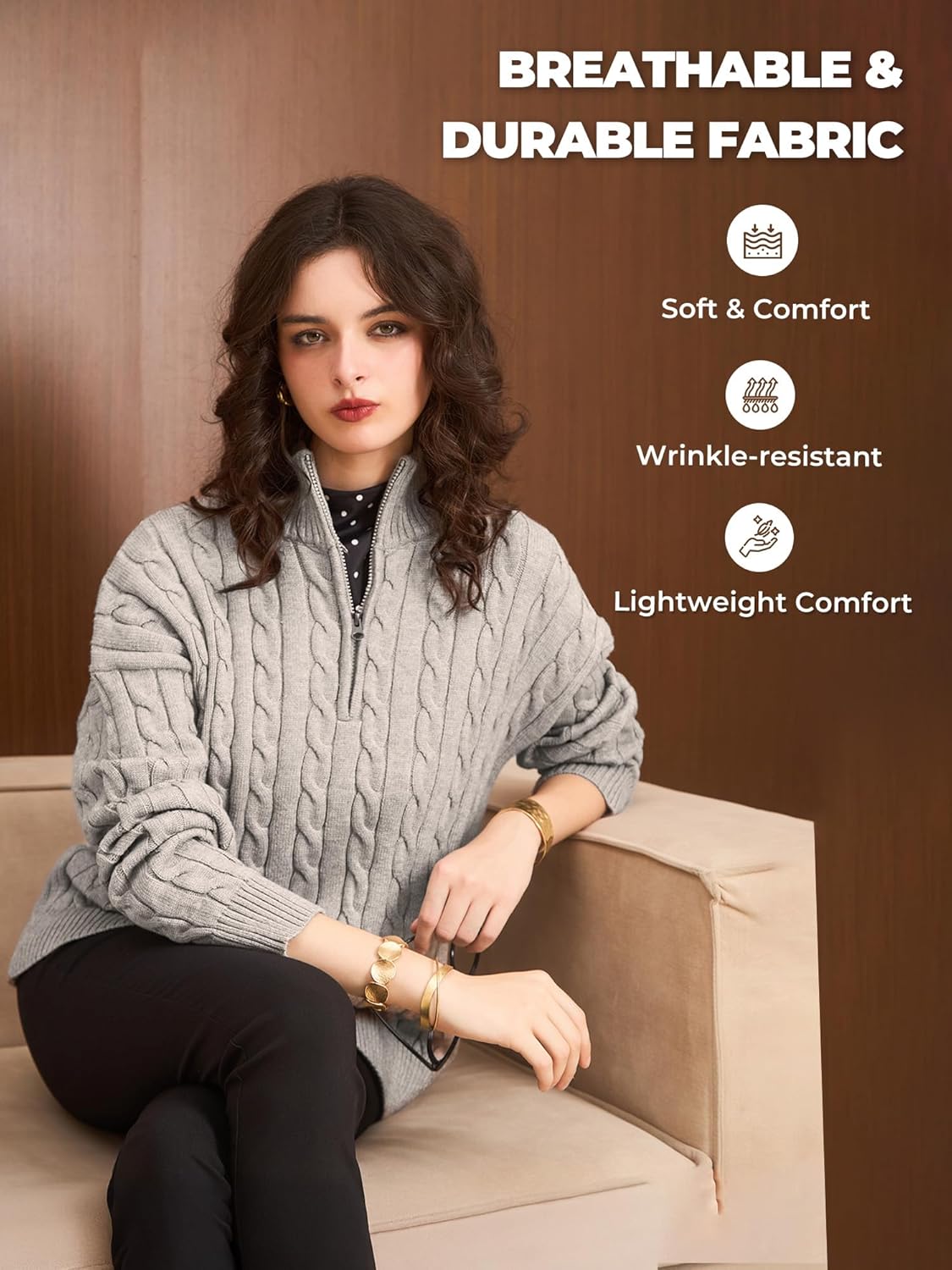 Women’s Long Sleeve Knit Sweater Loose Fit Quarter Zip Pullover Ribbed Cable Tops Casual Fall Winter Outfits - Image 6