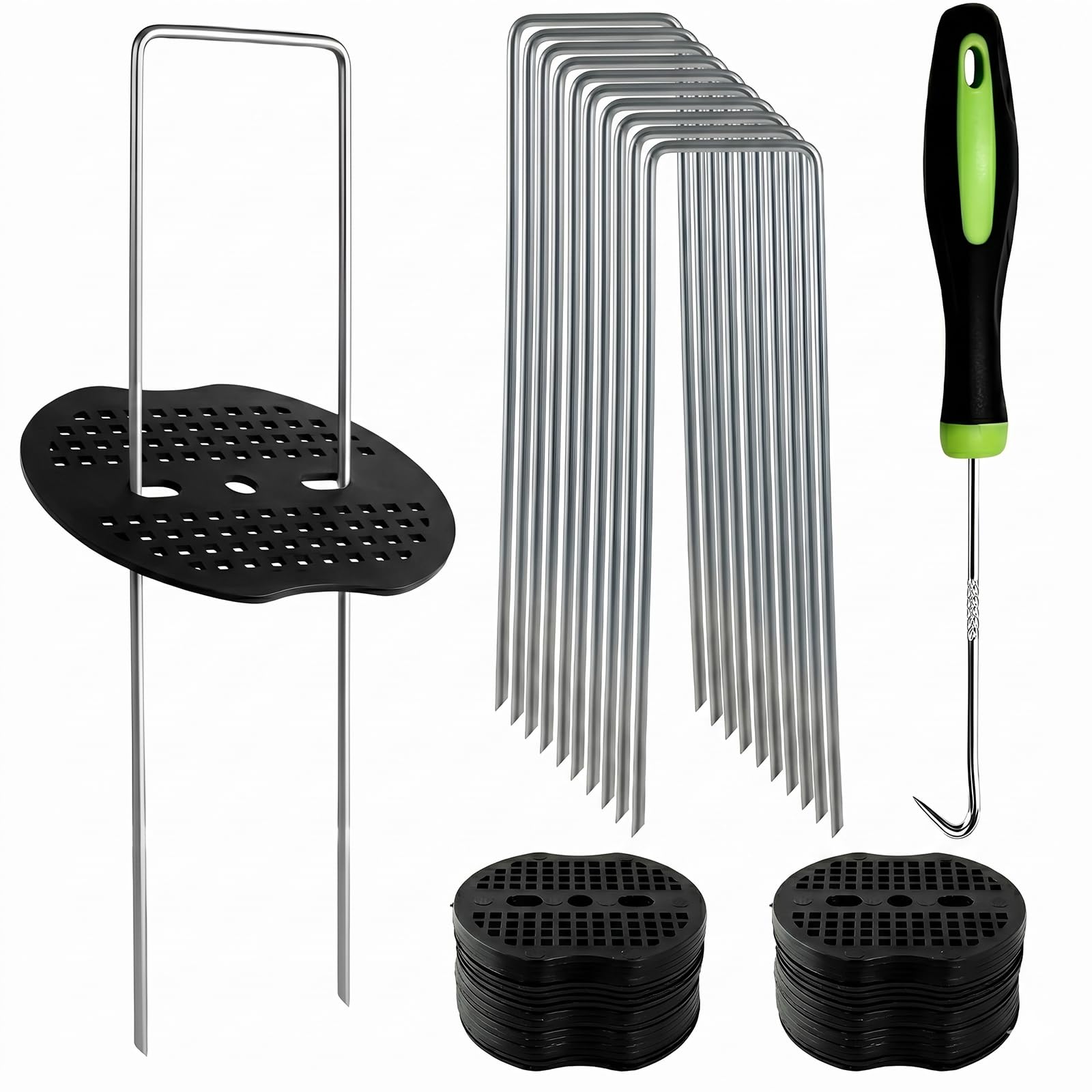 Lot de 100 piquets d'ancrage Stables en Forme de U,100 disques tampons, Toile Anti-Mauvaises Herbes pour Jardin, Bordures de pelouse, parterres de légumes et Fixation de tuyaux