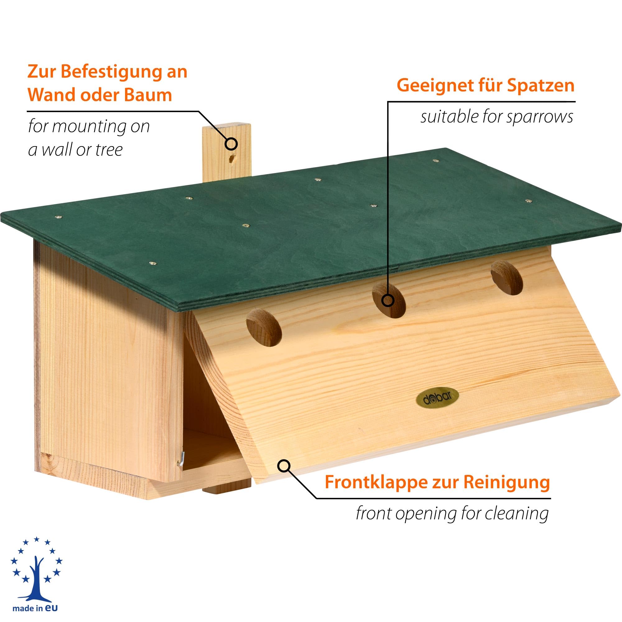 dobar® VOBU specjalna budka lęgowa z drewna na wróble – pomoc w lęgu dla wróbli – 3 w 1 – z klapkami czyszczącymi – sosna – 50 x 22 x 30 cm – zielona