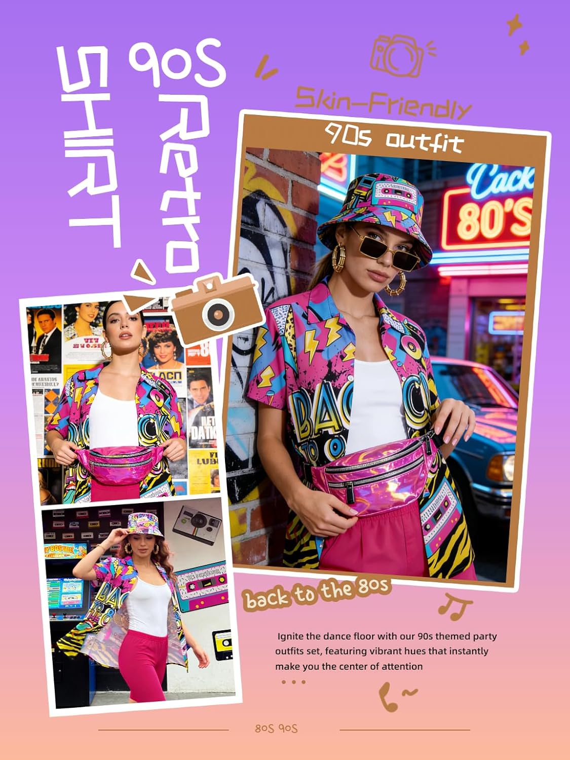 Verceco 80s 90s Outfits for Women Unisex Hip Hop Women Costume Accessory Sets Retro 90s Themed Party Outfits 7PC - Image 5