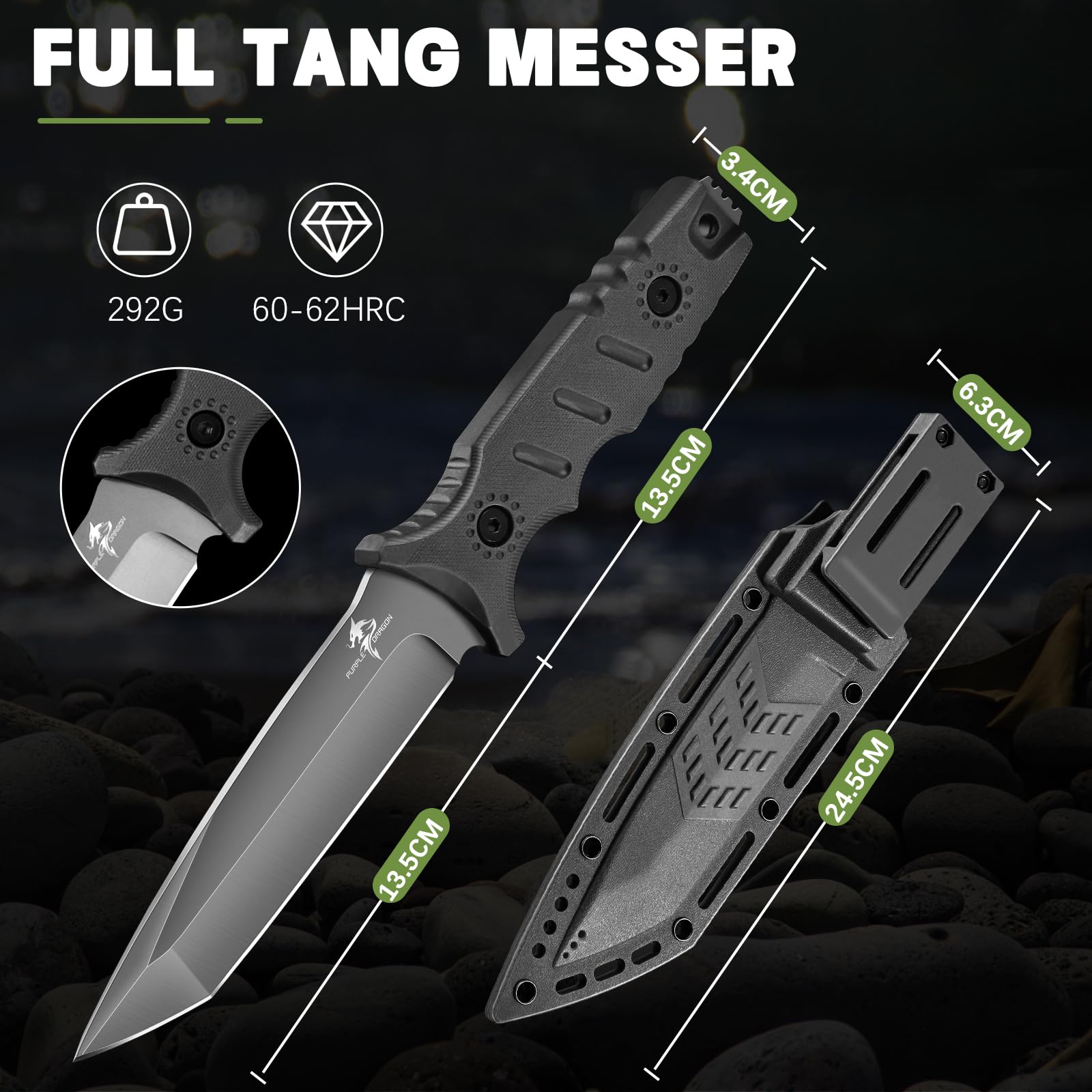 Purple Dragon Couteau de Survie Extérieur avec Étui en Kydex, Couteau à Lame Fixe en Acier D2 Forgée d'une Seule Pièce, Couteau Full Tang avec Manche G10 pour le Camping, Noir
