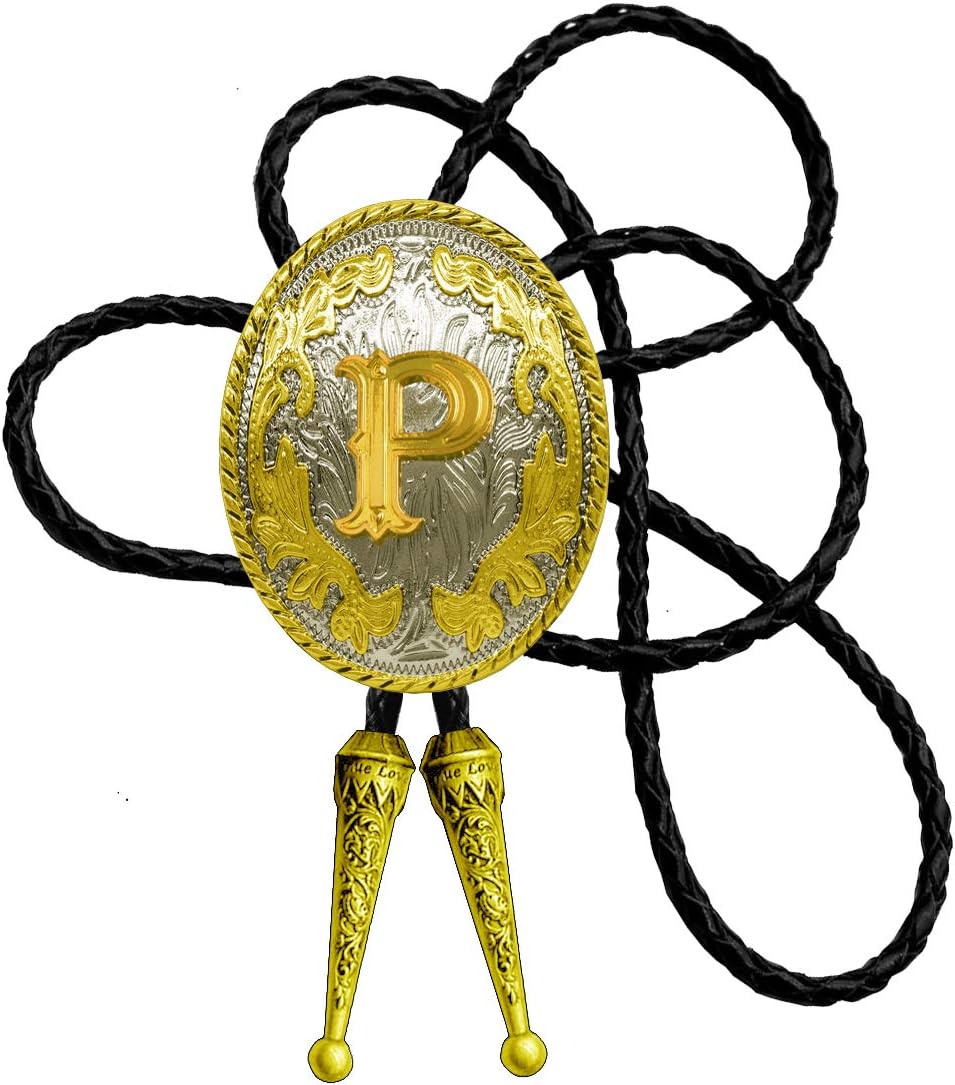 Golden Western Bolo Tie Initial Letter A to Z in Round Flower Cowboy with Cowhide Rope Necktie