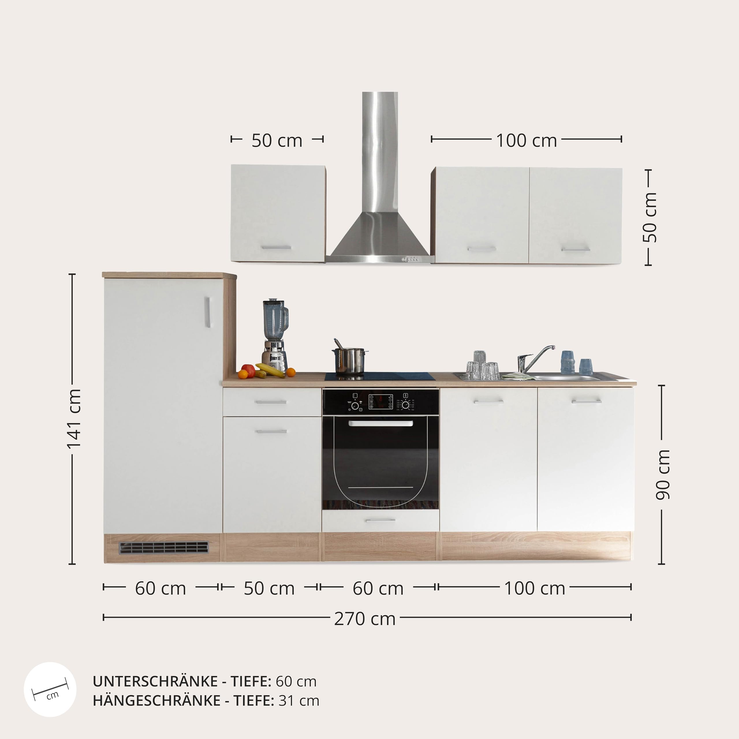 Stella Trading ANDY Mobile da cucina moderno senza elettrodomestici Rovere Sonoma, Bianco opaco, Cucina componibile spaziosa con tanto spazio, 270 x 195 x 60 cm