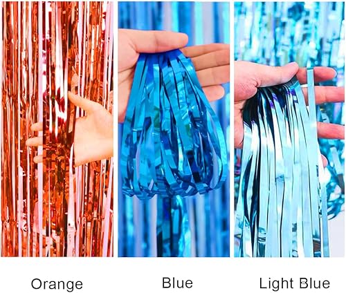 Miniatura 3 de Cortinas de flecos de papel de aluminio azul y naranja, suministros para fiesta de cumpleaños de perro azul, naranja y azul claro, telón de fondo de