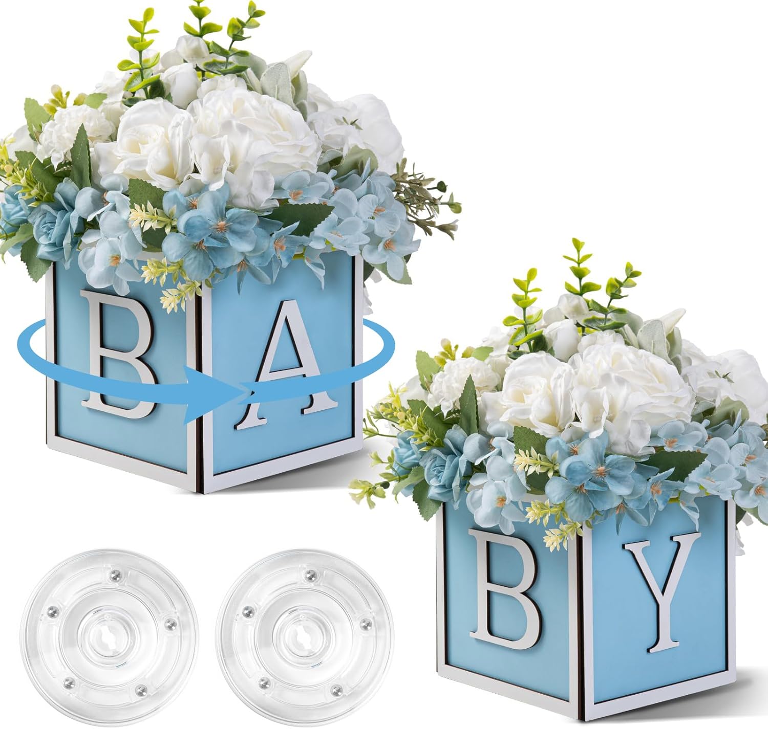 6 Set Baby Shower Centerpieces for Table 6 Inch Wooden Boxes with Rotatable Base Perfect for Boy Girl Neutra,Baby Shower, Gender Revea Party Table Decor,Easy to Assemble