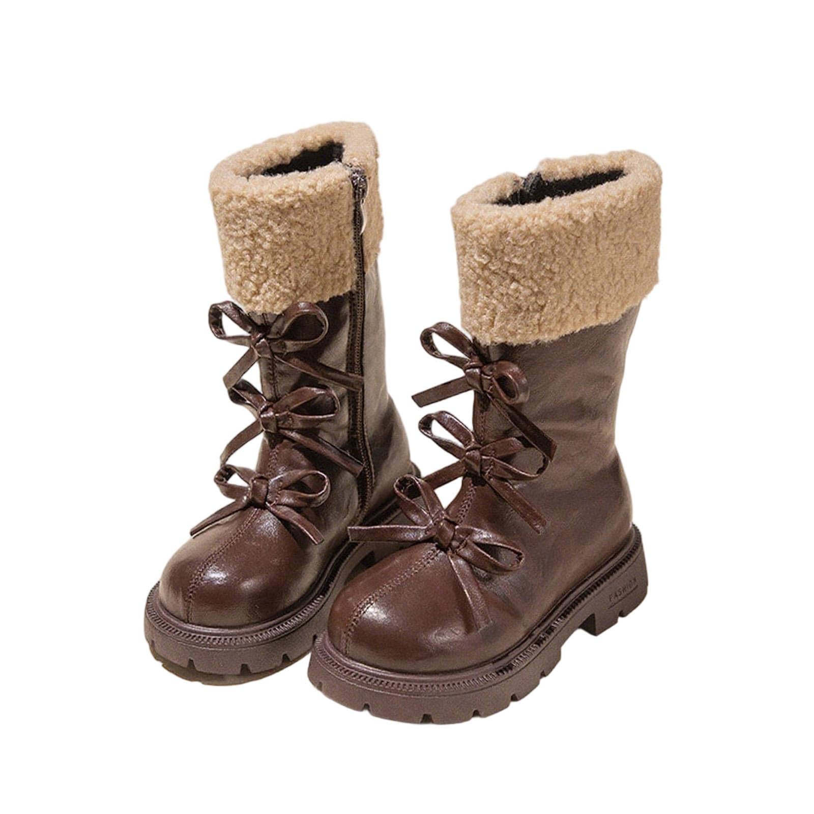 Botas de Nieve Otoño e Invierno para Niña Gruesas y Cálidas Botas Alta de Piel con Forro Polar con Lazos Bota de Media Caña con Cremallera Lateral Estilo Británico Botines Niña Plano para Uso Diario