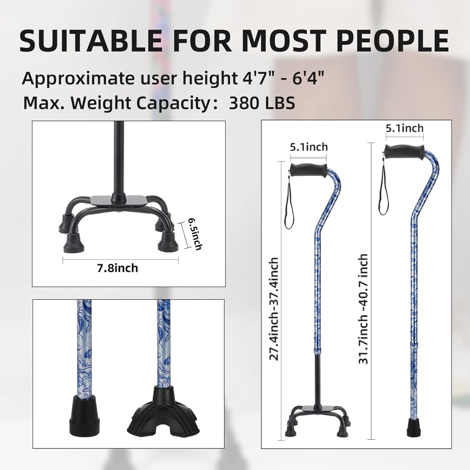 Floral Quad Cane for Women, Adjustable Walking Canes with 3-in-1 Interchangeable Base(3 Tips) for Versatile Support, Stylish & Stable Mobility Aid for Seniors Confidence