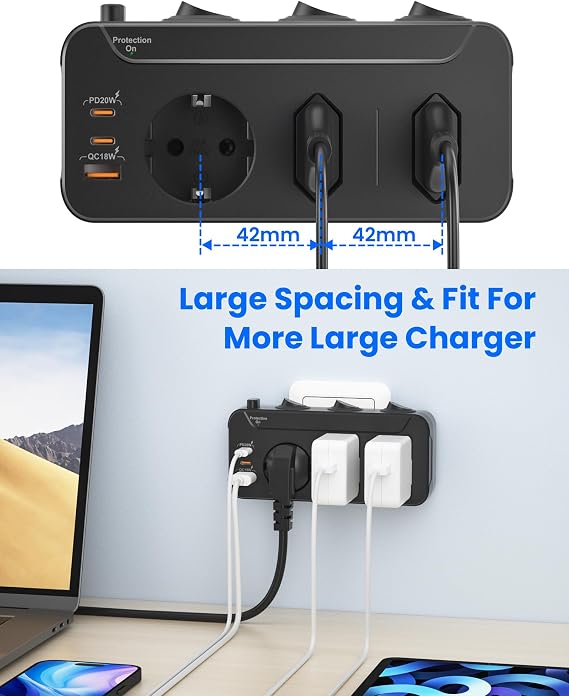 3-Way Multiple Socket Individually Switchable Double Plug for Socket with USB PD20W Charging Socket Adapter with Switch Multiple Plug 2 EU 1 Schuko Triple Socket Surge Protection Black