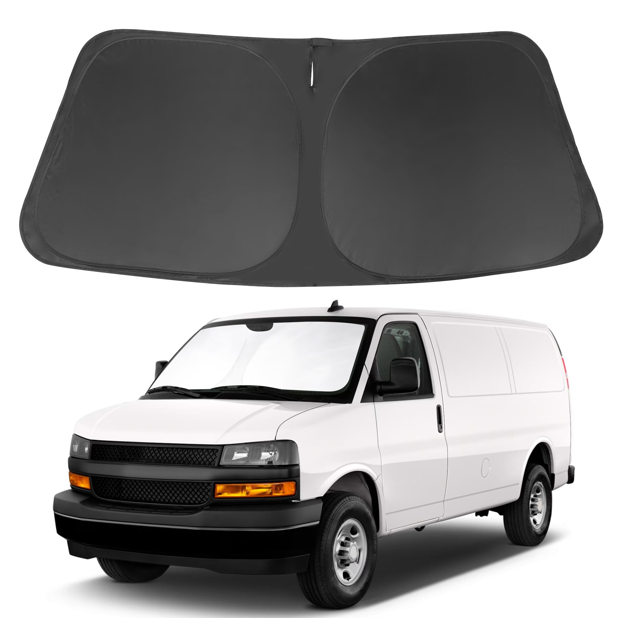 Windshield Sun Shade Compatible with 1996-2024 2025 2026 Chevrolet Express Cargo Van 1500, 3500, 4500, LS, LT Winter Accessories Foldable Sun Visor