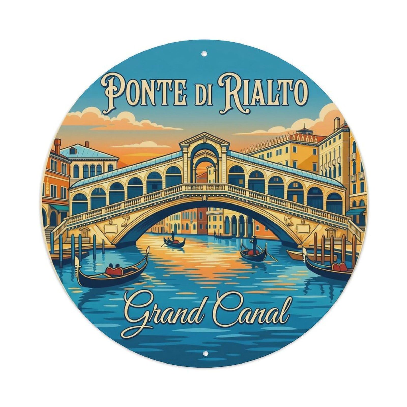 Vintage Travel Rialto Bridge Italy Metal Tin Sign Plaque Wall Decor for Cafe, Club, Garden Round Metal Poster 8x8Inch