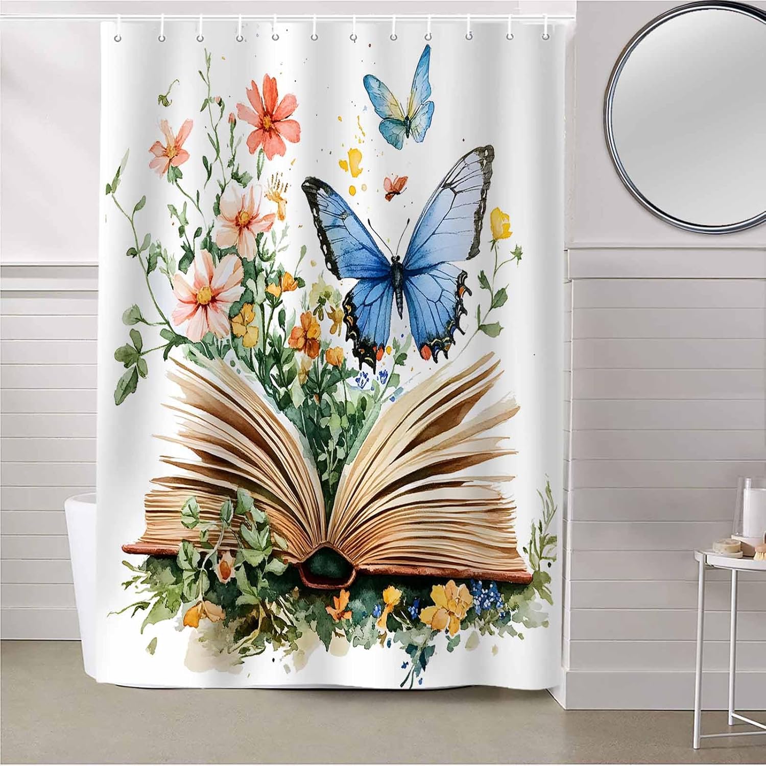 Spring Butterfly Fabric Shower Curtain 48"W x 72"L Flowers and Leaves Shower Curtain for Bathroom with Hooks Romantic Opening Book Waterproof Bath Shower Curtain Sets Decorative Bathroom Accessories