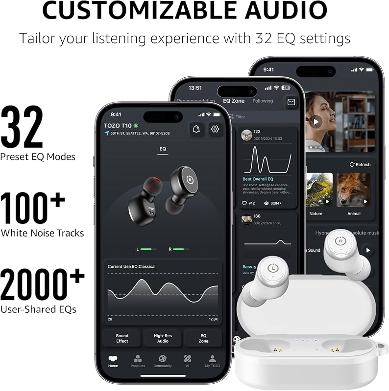 TOZO T10 Wireless Earbuds Powerful Bass Stereo Wireless Charging, APP, IPX8 image 6