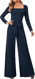 Jumpsuits For Women Dressy Long Sleeve Square Neck Casual Belted Wide Le...