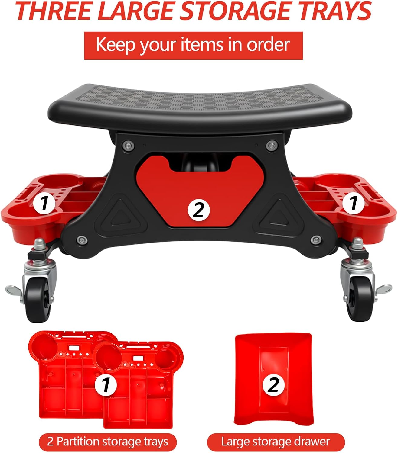 Mechanic Stool, Garage Stool, 300 LBS Capacity Heavy Duty Rolling Mechanics Seat with Two Tool Trays and Drawer, Tools for Automotive Auto Repair