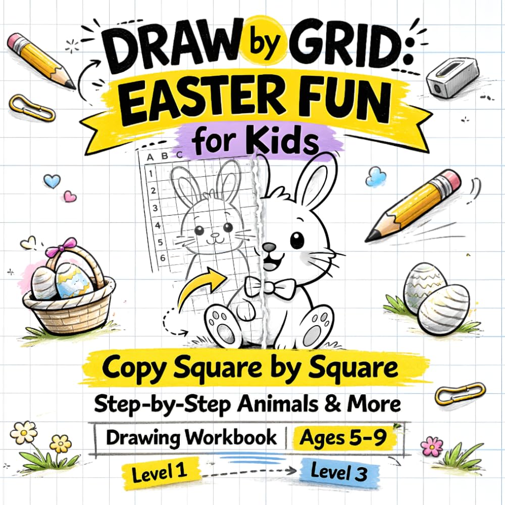Draw by Grid: Easter Fun for Kids: Copy Square by Square | Step-by-Step Animals & More Drawing Workbook | Ages 5–9