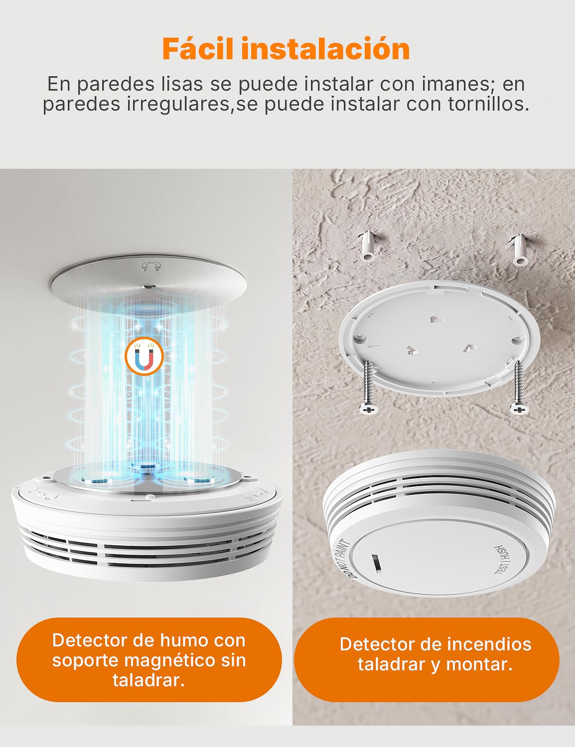 Detector de Humo con Batería de 10 Años y Soporte Magnético, 3 Unidades | Alarma Incendios Sin Indicador Led, Sin Necesitar Taladrar, Pequeño y Plano,Certificado Según la Norma EN 14604