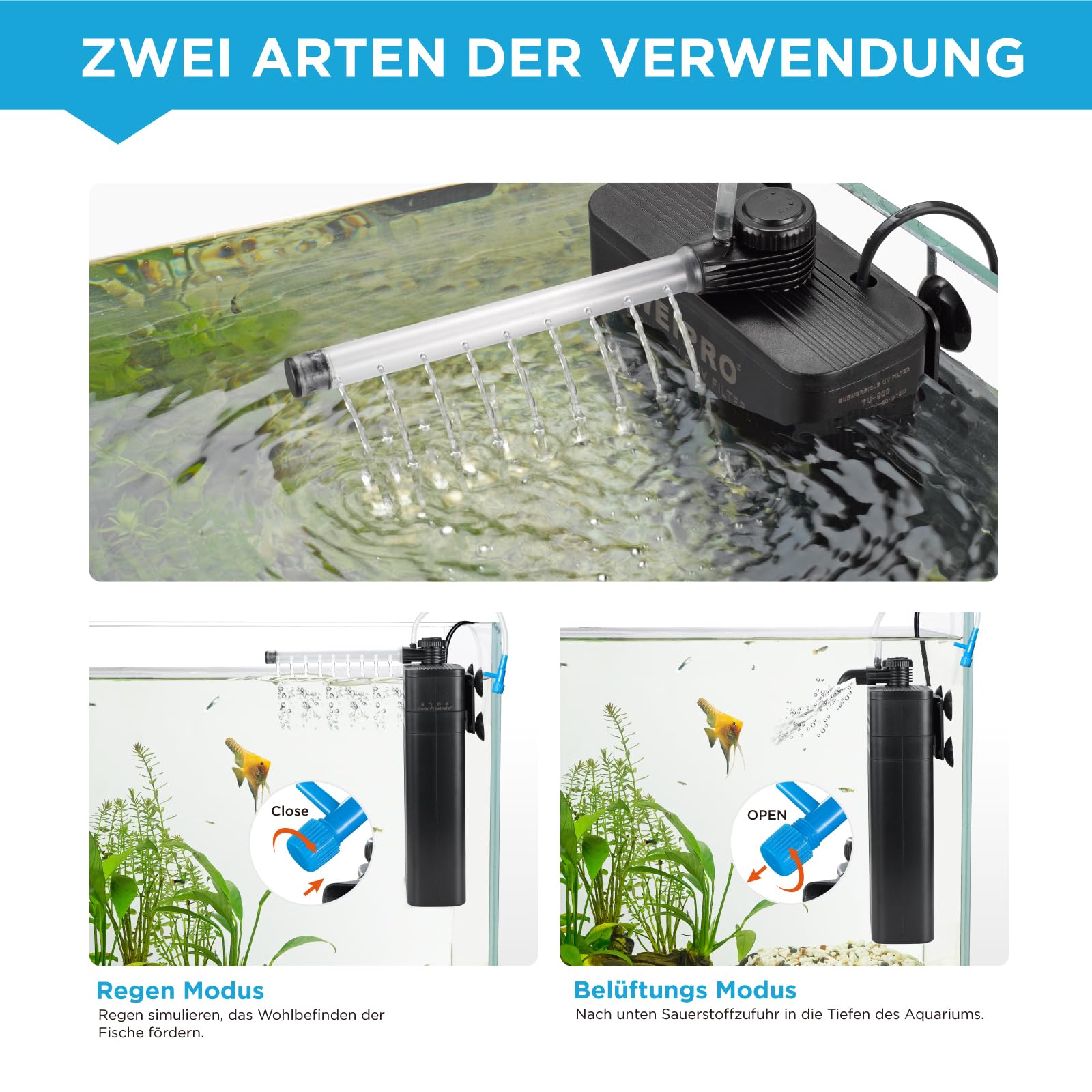 Weipro Aquarium Innenfilter Mit 5W UV Lampe - 700L/H, 3-stufige Filterung, Für 70-120l (Salzwasser) Bzw. 120-180l (Süßwasser)
