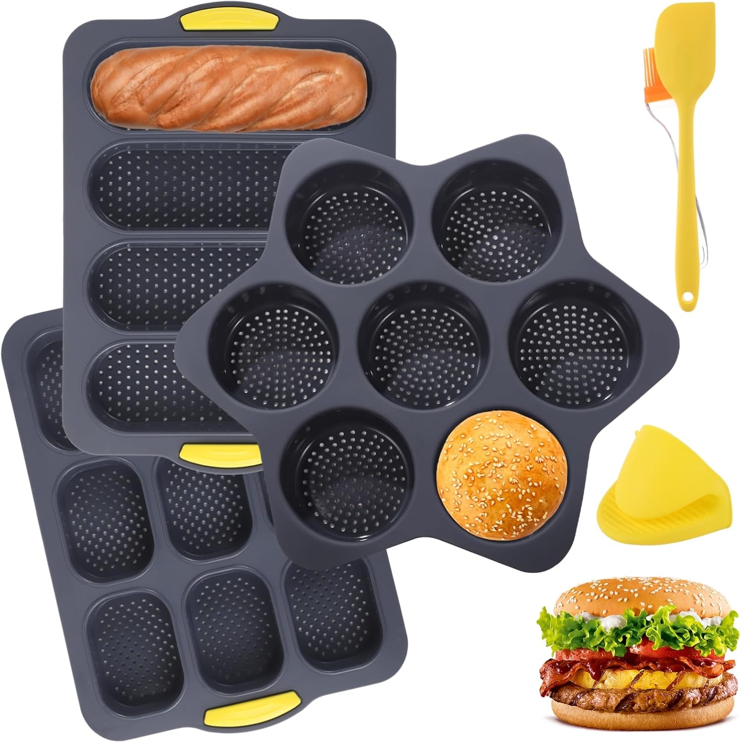 Nonstick Loaf Pans, Set of 6 Burger Bun Molds, Silicone Baking Set, 4/7/9 Cups, with Tools