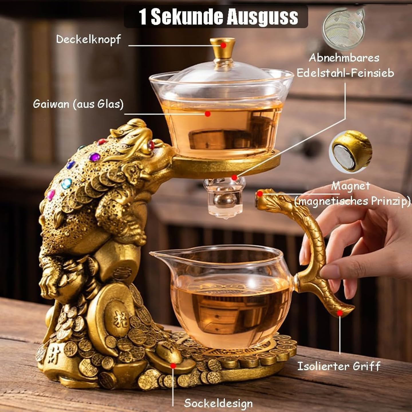 Kreatywny złoty żółw wzór Lenia Kung Fu Szklany Serwis do Herbaty Półautomatyczny Zestaw do Herbaty, Odpowiedni dla Miłośników Herbaty, Serwis do Herbaty (300ml/350ml)