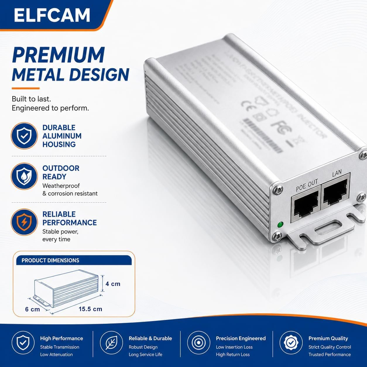 Elfcam - Iniettore PoE 150W 2,5Gb/1,25Gb per Starlink Gen 3 e 2, lega di Alluminio per Un'eccellente Dissipazione Del Calore, Ingresso 100-240V AC e Uscita 150W 48V-56V.