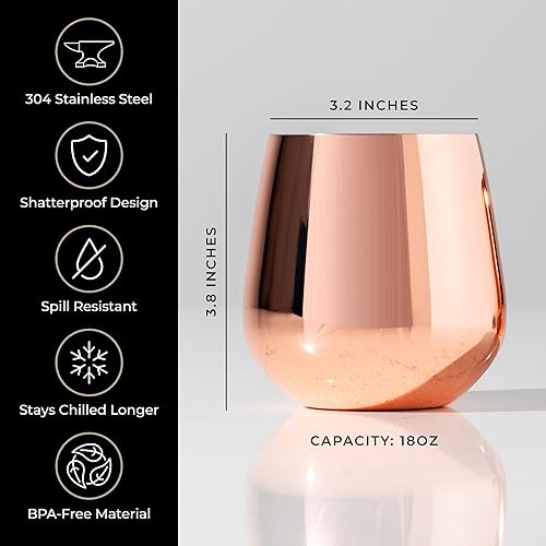 Miniatura 4 de Juego de 4 copas de vino de acero inoxidable sin tallo con aireador, metal irrompible, copas de vino para exteriores, portátiles, oro rosa