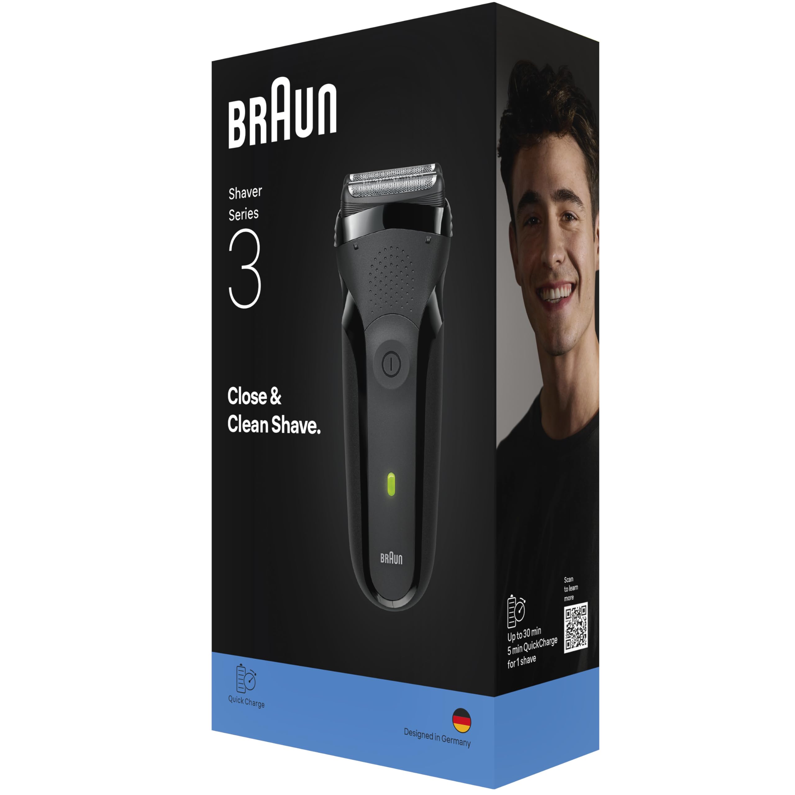 Braun Series 3 Afeitadora Eléctrica Hombre, 300S, Gris - Máquina de Afeitar Barba Resistente al Agua, 2 Láminas, 30 Min de Autonomía, Carga Rápida, Afeitado Apurado