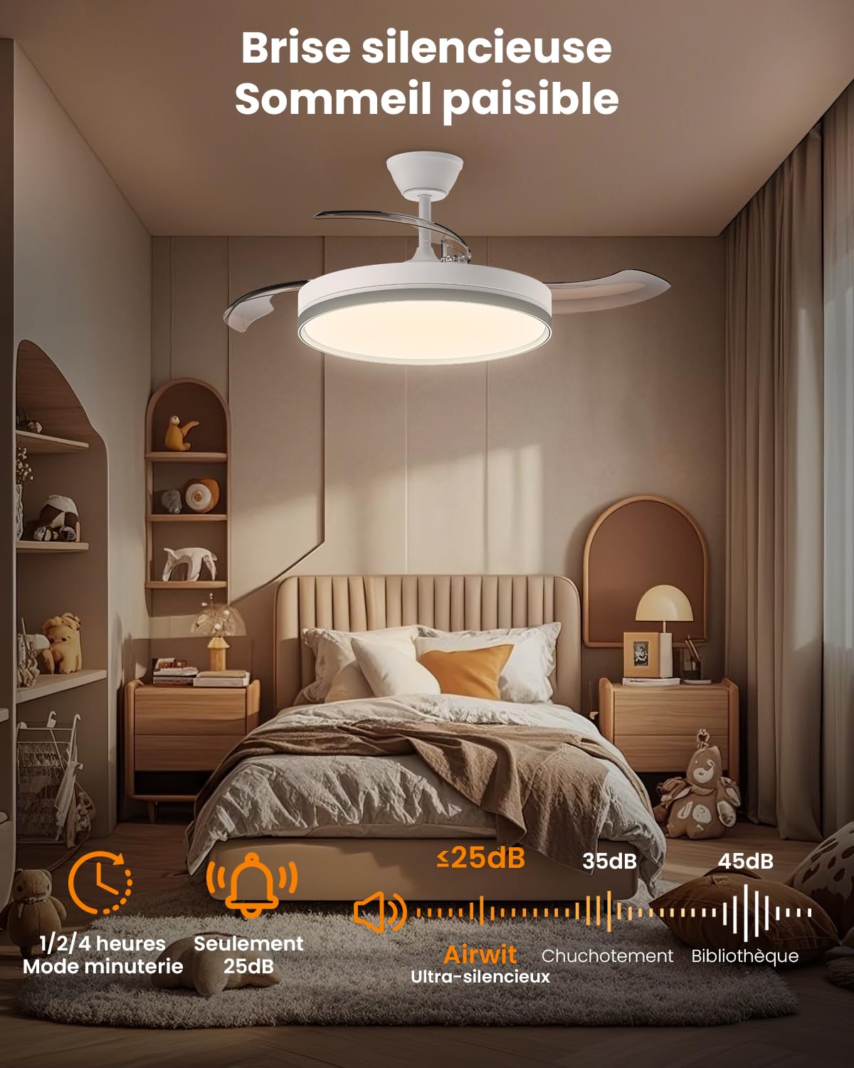 Airwit 106cm Rétractable Silencieux Ventilateur Plafond avec Lumière, 6 Vitesses, Télécommande, 3 Températures de Couleur