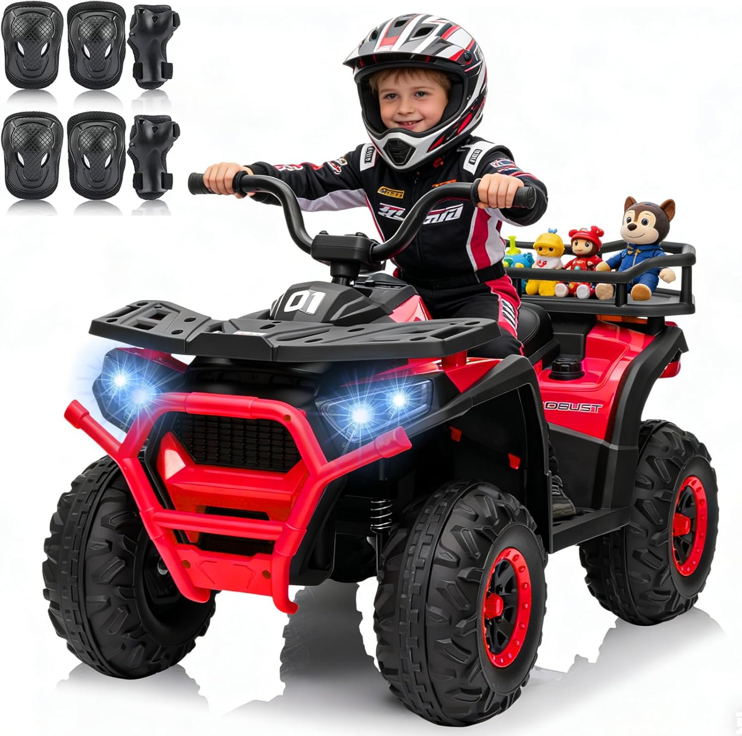 24V 4x4 Ride on Toys Car, BLISSRIDE Kids ATV Quad w/Kneepads, 5Mph Max Speed, Music, LED Lights, Rear Storage Rack, Big Tires, Safe Soft Start&Brake, Electric 4 Wheeler for Kids Boys Girls, L Blue