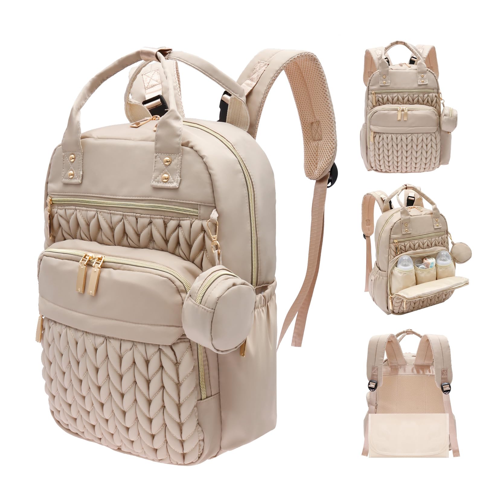shaojian Baby Changing Bag Backpack, Quilted Waterproof Nappy Bag with Insulated Bottle Pockets & Pram Straps, Large Nappy Backpack with Portable Changing Mat for Travel & Walking(Khaki)