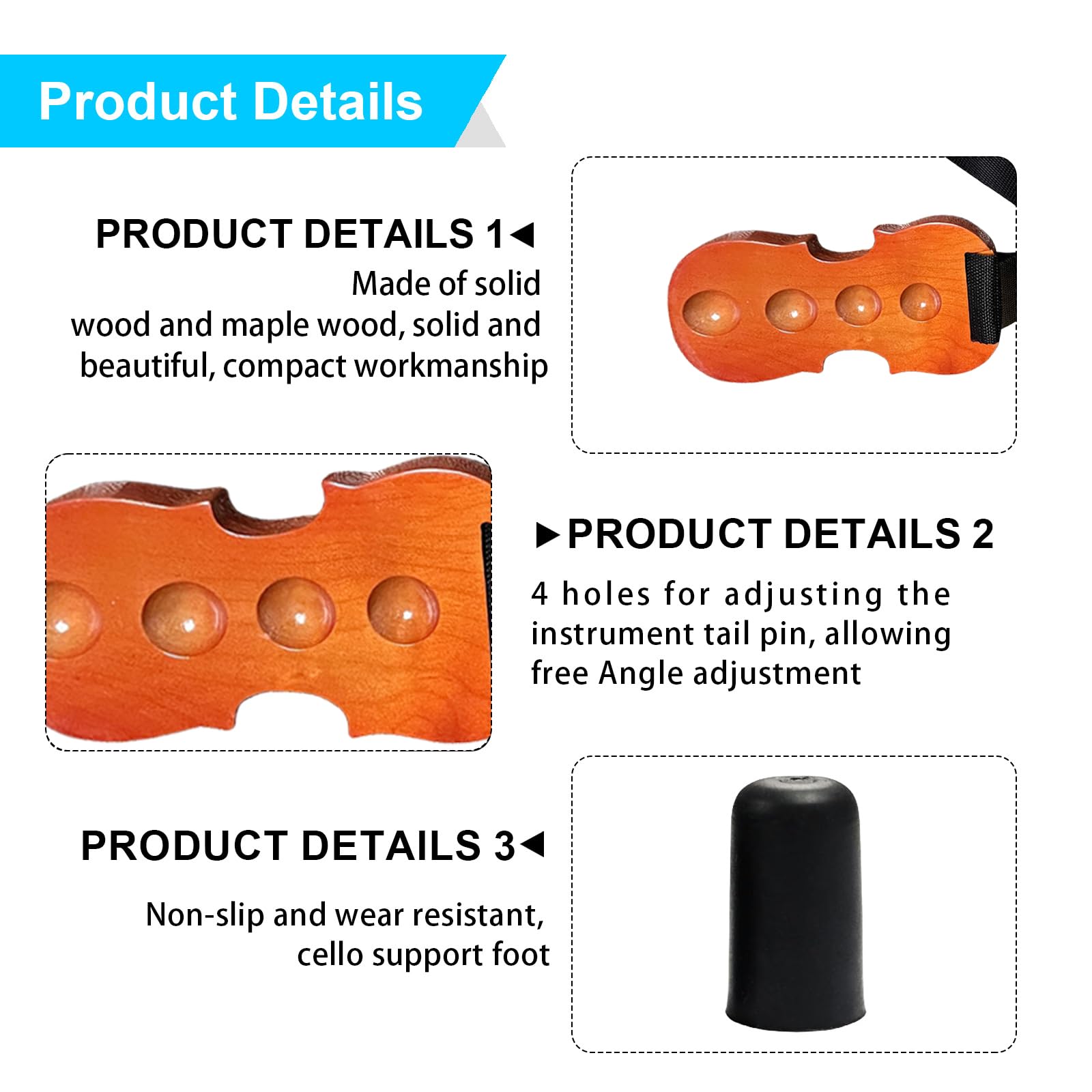 Cello - Cinghia antiscivolo per violoncello in legno, con 2 tappi antiscivolo per violoncello, supporto antiscivolo per pin, supporto per violoncello antiscivolo con 4 fori, cinturino in nylon