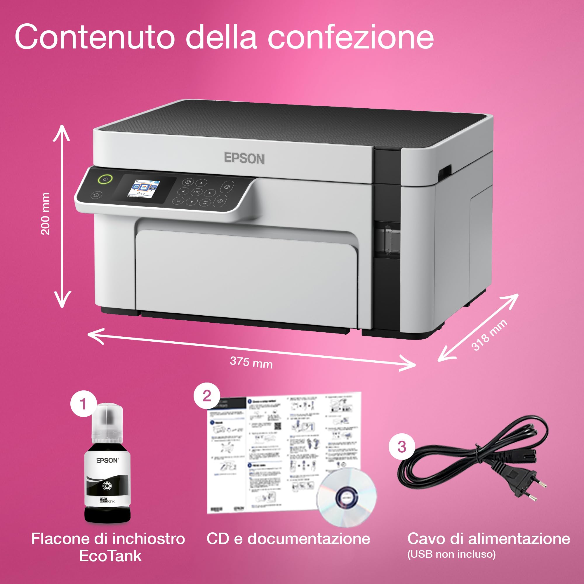 Epson EcoTank ET-M2120 Stampante con Serbatoio D’inchiostro | Stampa Monocromatica | Wi-Fi | A4 | Stampa, Copia, Scansione | Stampa Fronte/Retro | Display LCD 3.7 cm