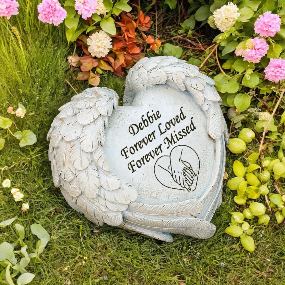 Personalisierte Friedhof Steine Grabmarker mit Engel Flügeln für jemanden verloren, kleine Herz geformte Grabsteine für Friedhof Dekorationen graviert mit jeder Nachricht, Sympathie Gedenkgeschenke im