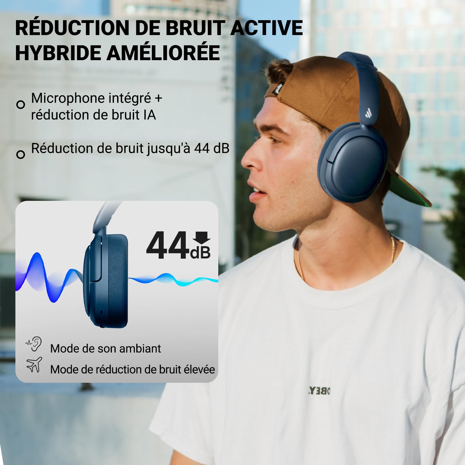 Edifier V80 Casque Bluetooth sans Fil avec ANC -44 DB, Son Haute Résolution, EQ in App, Autonomie 45h, IA Annule Bruit Appels, Charge Rapide, Pliable, Connexion Multipoint - Bleu