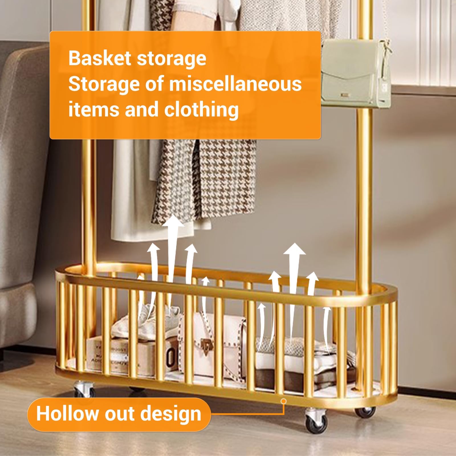 Garvee Perchero Rodante de Metal Portátil con Ruedas y Cesta de Almacenamiento - Soporte Resistente de 80 cm para Ropa - Perfecto para Dormitorio, Lavandería y Sala, 80an. x 175al. Dorado