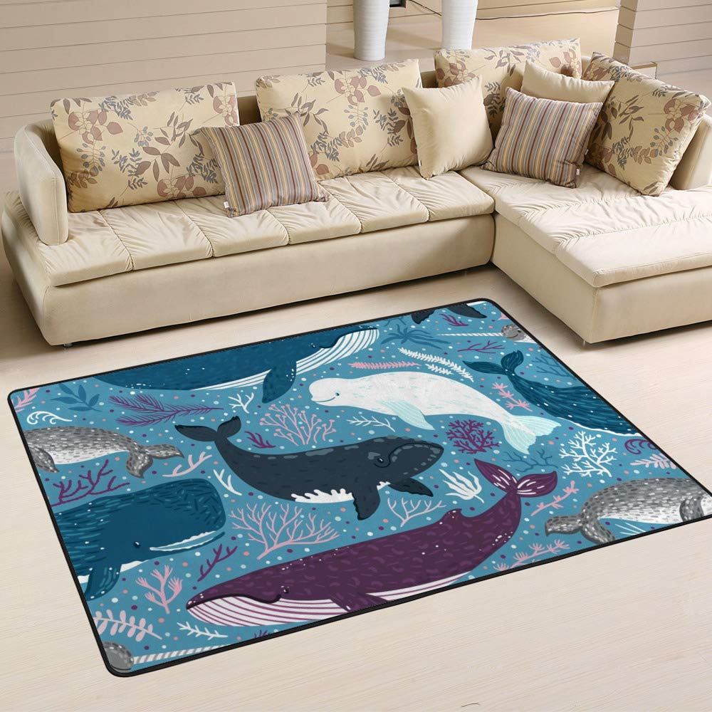 Tapis bleu baleine marin anti-tache pour salon et salle à manger