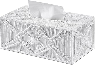 White Woven Macrame Boho Tissue Box Cover Rectangular for Home Decor,Resin Heavy Woven Tissue Box Holder for Bathroom Kitchen Countertop,Bedroom, Vanity, Night Stand, Office, Waterproof Durable