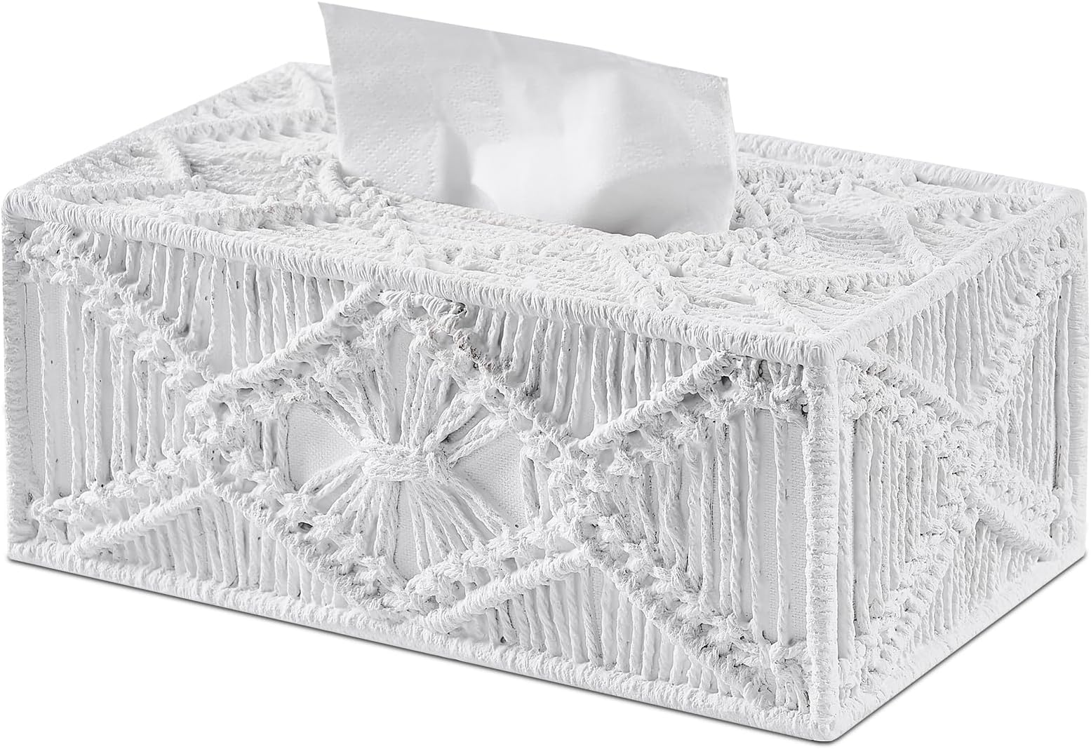 White Woven Macrame Boho Tissue Box Cover Rectangular for Home Decor,Resin Heavy Woven Tissue Box Holder for Bathroom Kitchen Countertop,Bedroom, Vanity, Night Stand, Office, Waterproof Durable